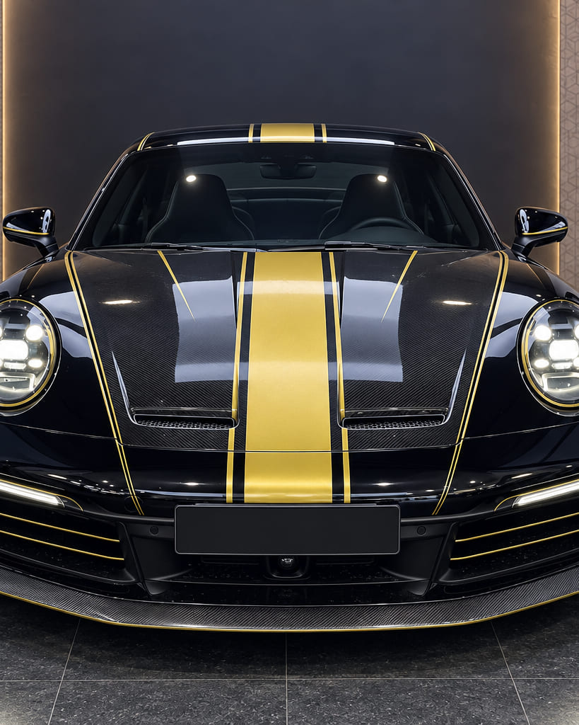 A gloss black sports car seen head-on in a dark showroom, a gold centre stripe running the length of its bonnet and gold pinstripes along the body lines.